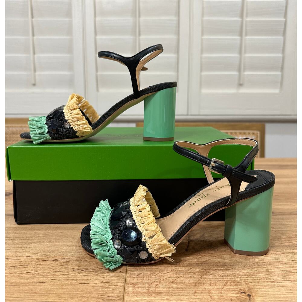 Kate Spade Bora Bora Heel Black Natural Mint Crochet Raffia Size 5 NIB Vacation - Picture 4 of 16
